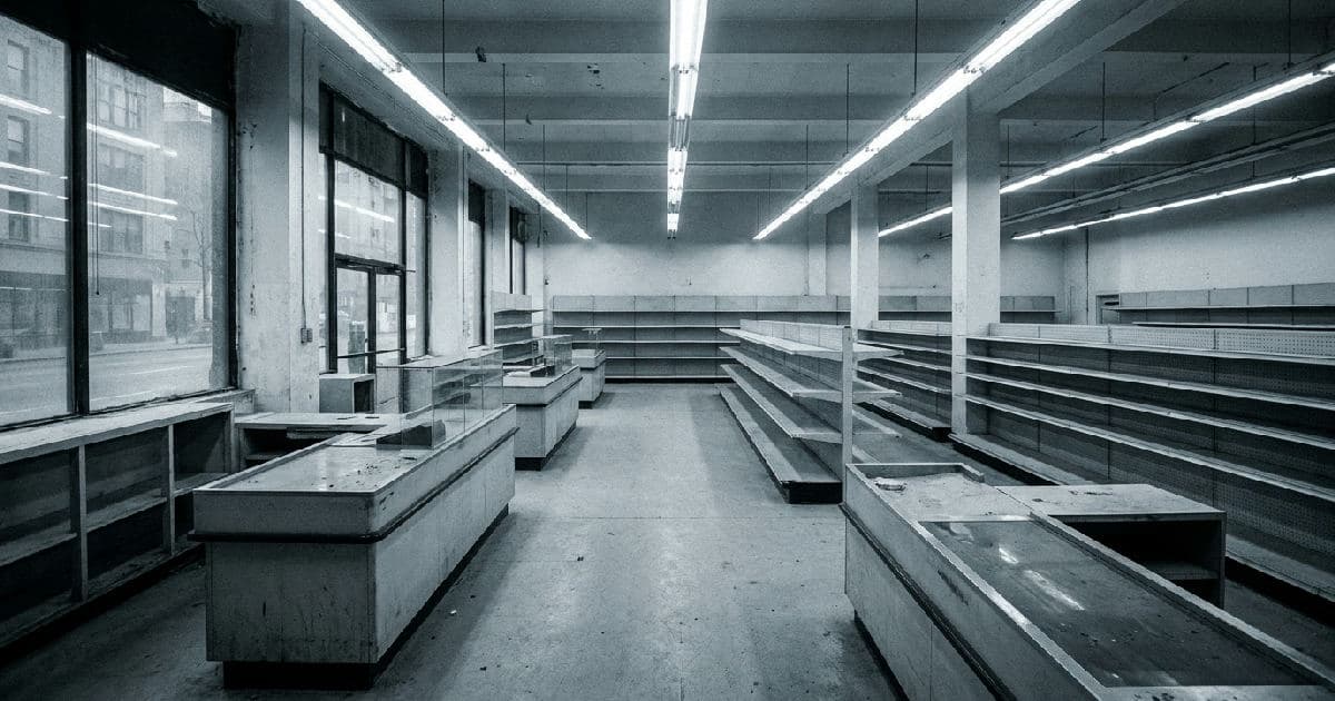 Empty retail store interior with checkout counters and shelving under fluorescent lighting.