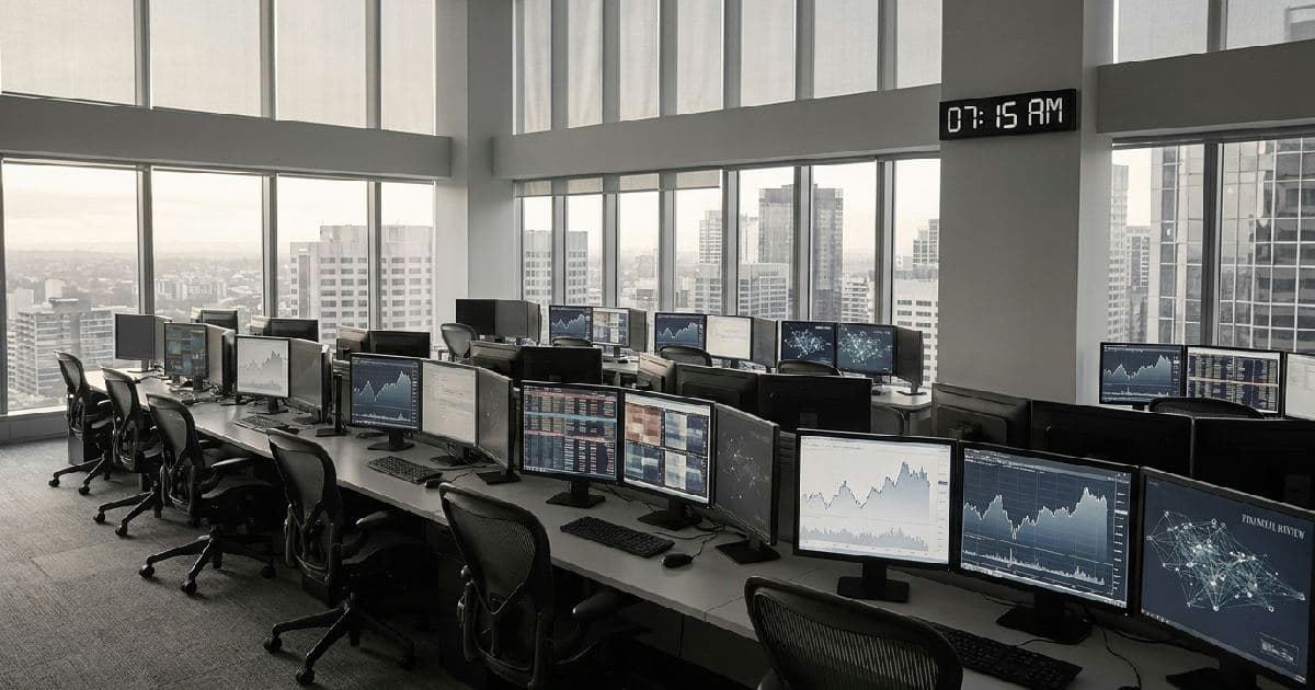 Empty trading floor with monitors showing financial data visualizations in muted tones.