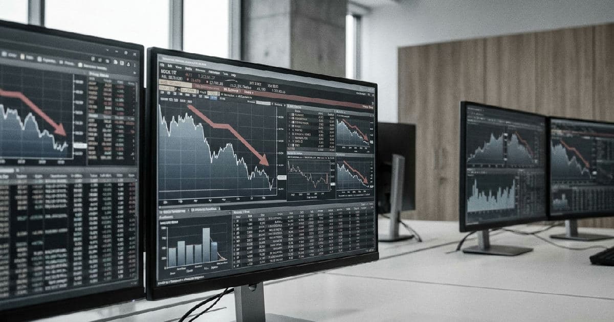 Computer monitors displaying financial market data and declining trend charts in desaturated colours.