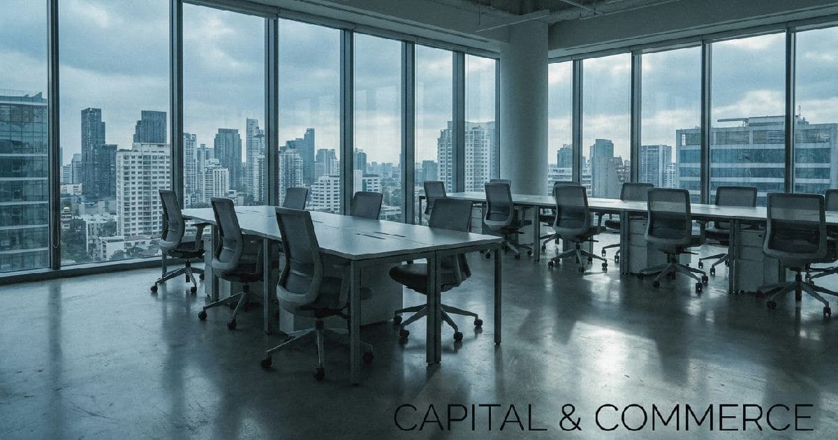 Modern office interior with city views, empty desks, and natural lighting in desaturated tones.