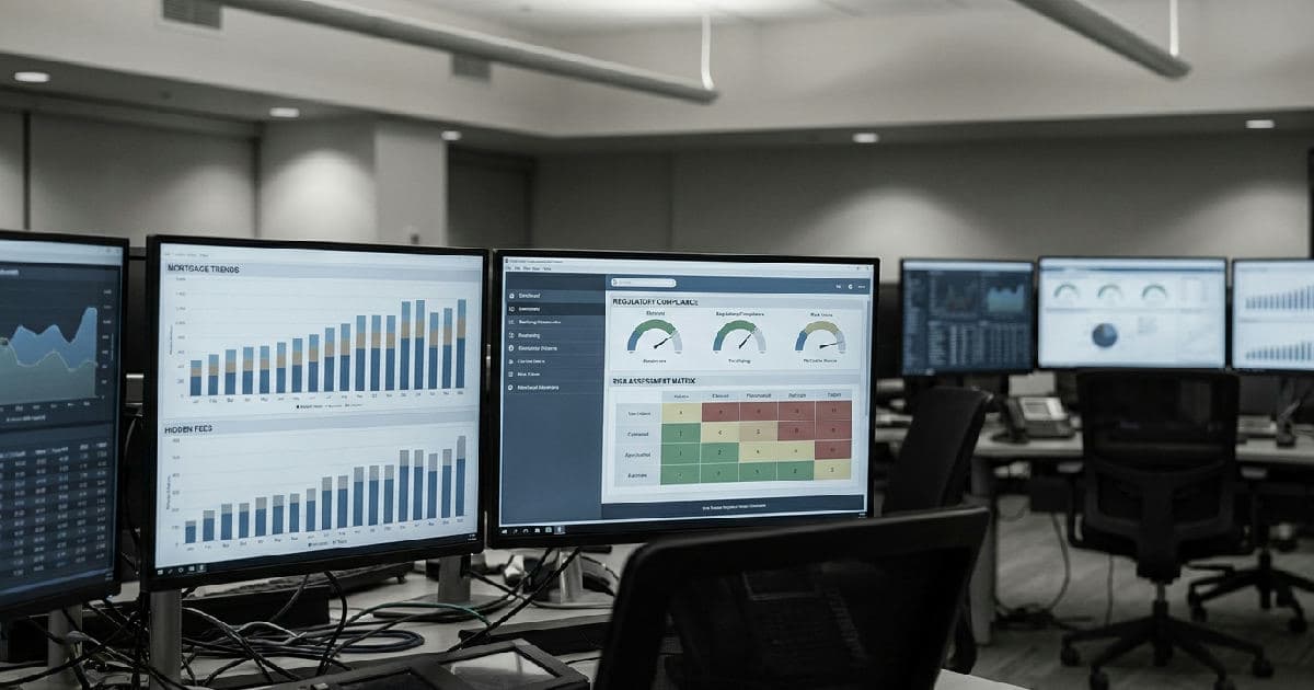 Financial data screens displaying mortgage models and regulatory compliance dashboards in muted tones.