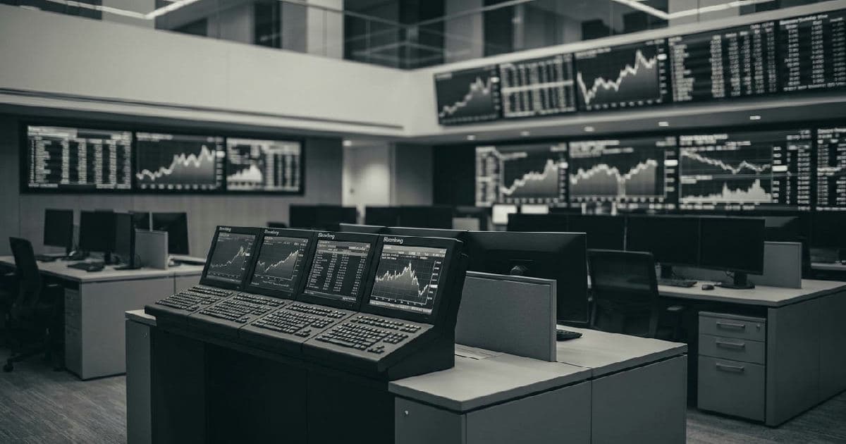 Trading floor with multiple monitors displaying financial data and market charts, desaturated colour palette.