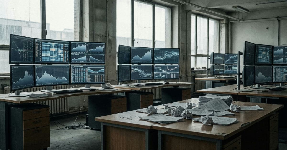 Trading floor monitors displaying market data and charts in muted tones, no people visible.