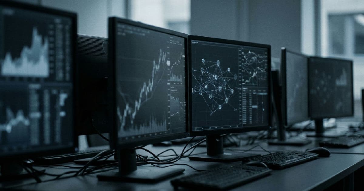 Abstract financial data visualisation on multiple screens showing market charts and network connections.