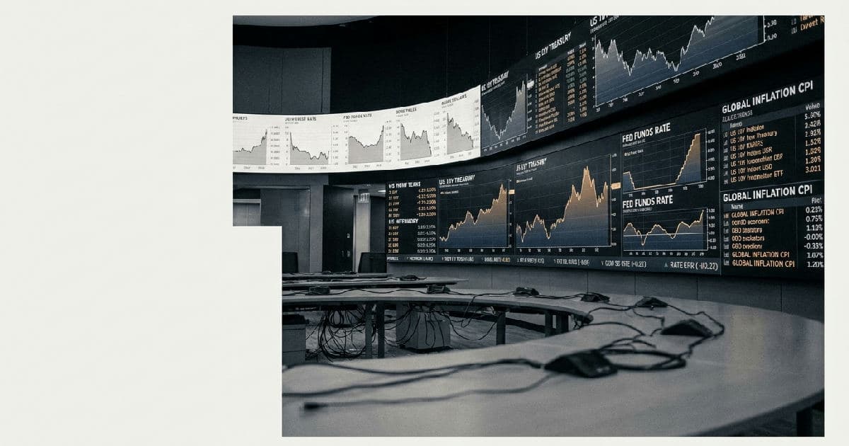 Financial market data screens displaying interest rate charts and economic indicators in a desaturated style.