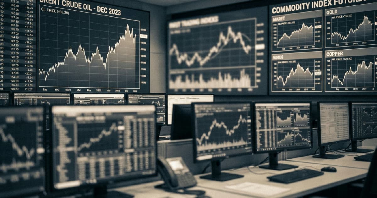 Market data screens displaying oil price charts and commodity trading information in desaturated tones.