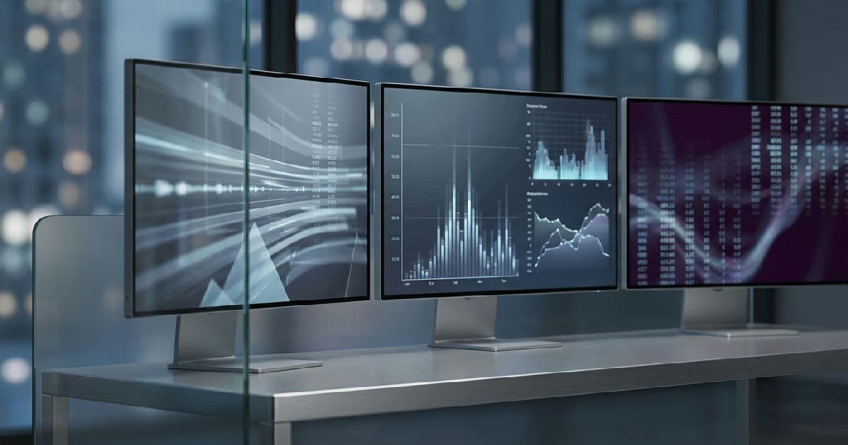 Abstract market data visualisation screens showing financial charts in desaturated tones.