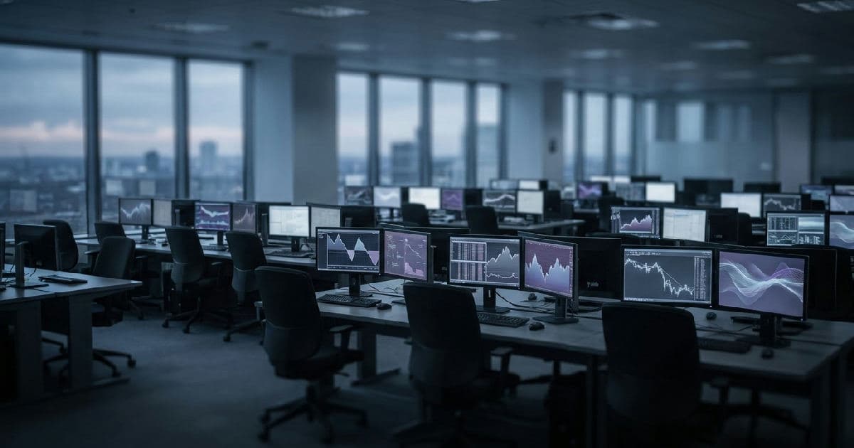 Trading floor with blank monitors and abstract financial data visualisations in desaturated tones.