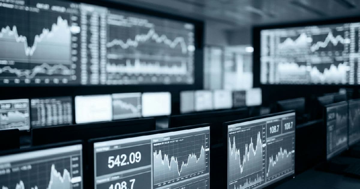 Trading screens displaying market volatility and financial data with muted color palette.