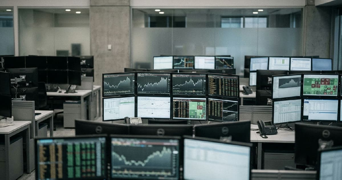 Trading floor monitors displaying volatile market data charts in muted tones.