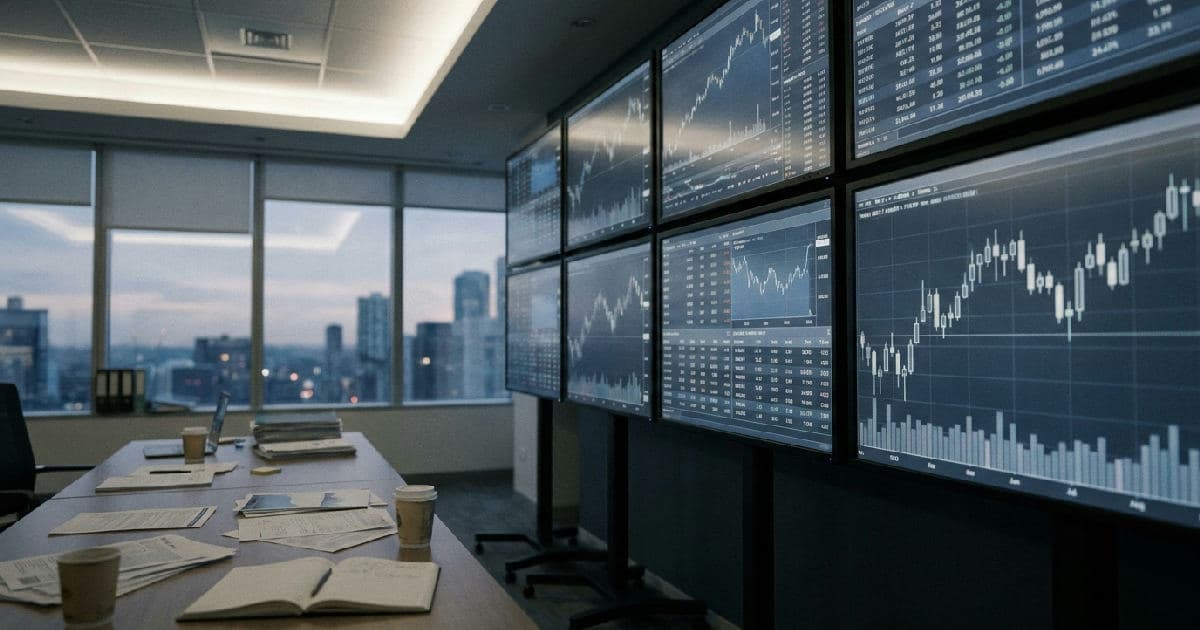 Empty trading floor with multiple screens showing market data visualisations in desaturated tones.