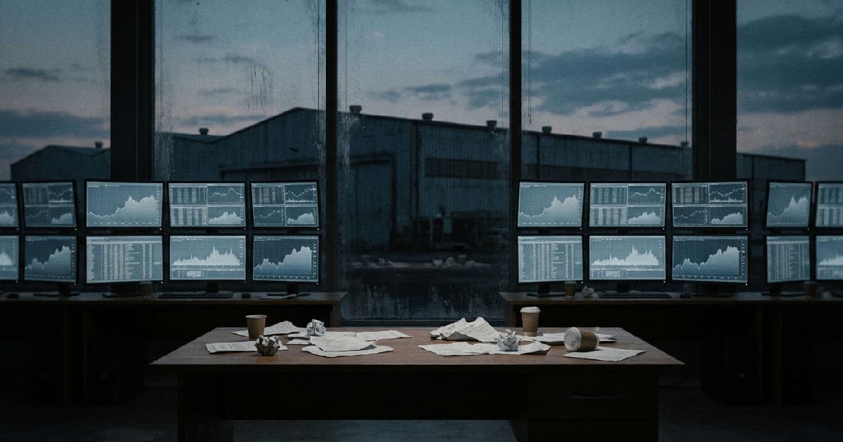 Empty trading floor with data screens and industrial warehouse silhouette in background.