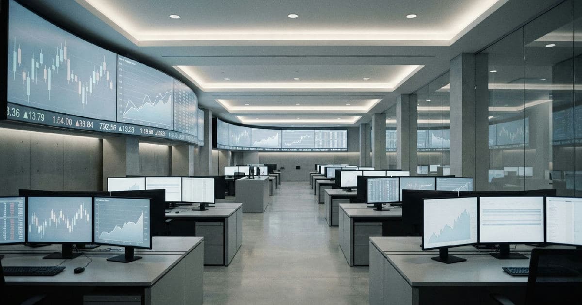 Trading floor with illuminated screens showing abstract market data visualisations in muted tones.