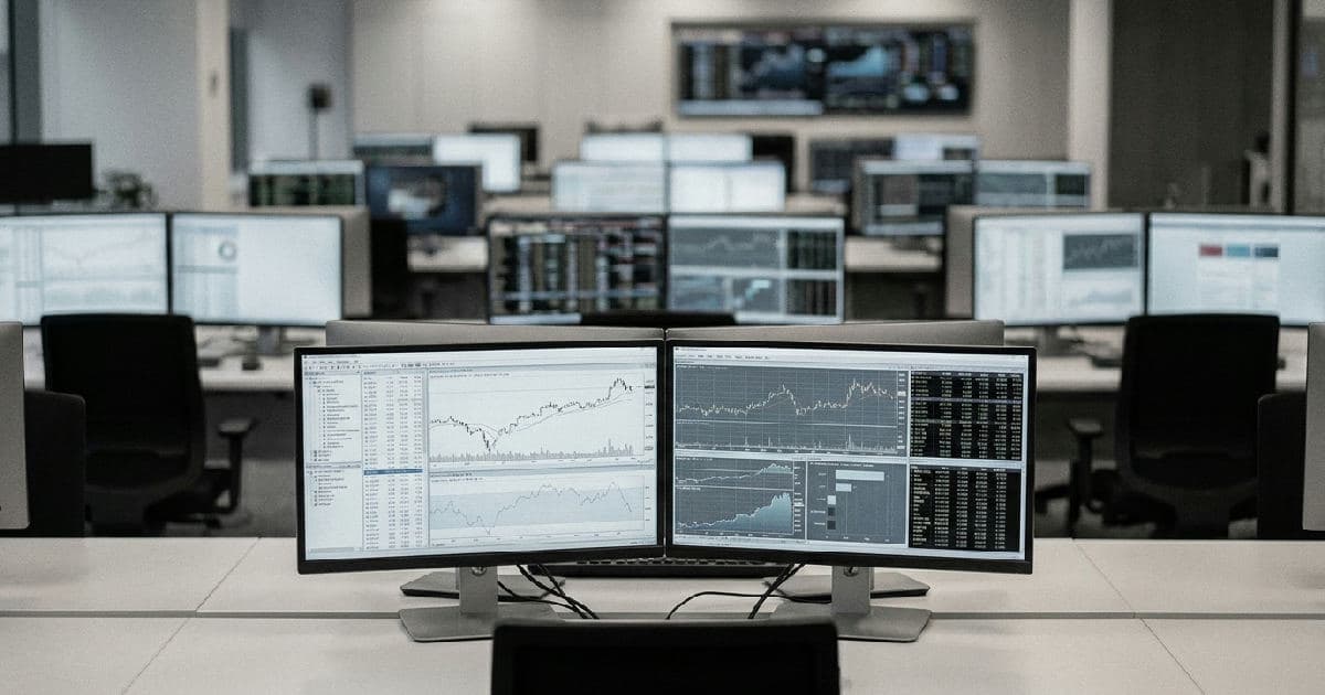 Desaturated image of computer screens showing financial data and market charts on a trading floor.
