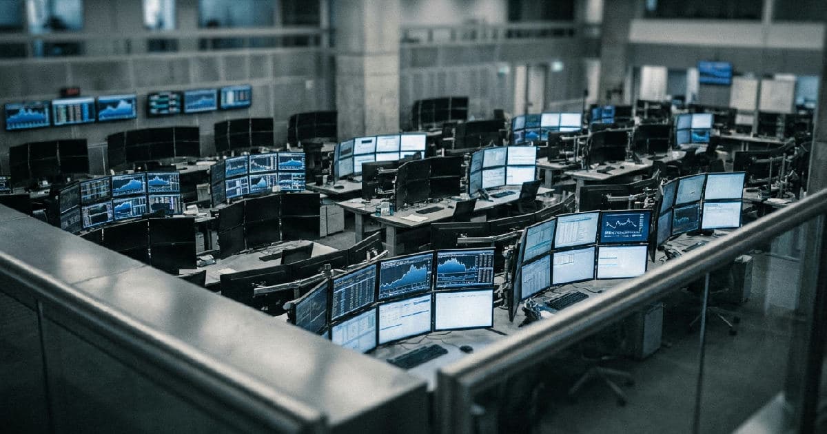 Trading floor screens displaying market data and financial charts in desaturated blue and grey tones.