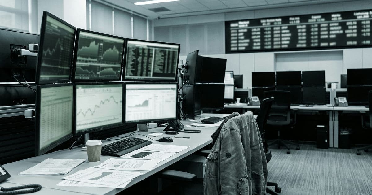 Trading floor with financial data displays and empty desk, desaturated editorial photography.