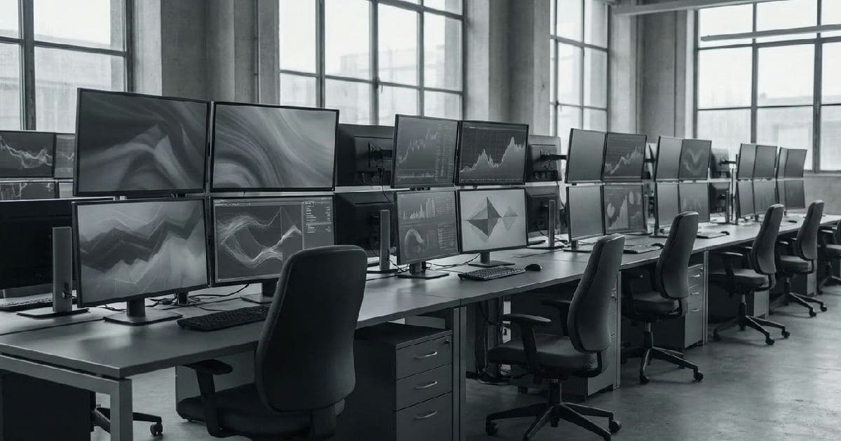 Empty trading floor with blank screens showing abstract financial data visualisations in muted tones.