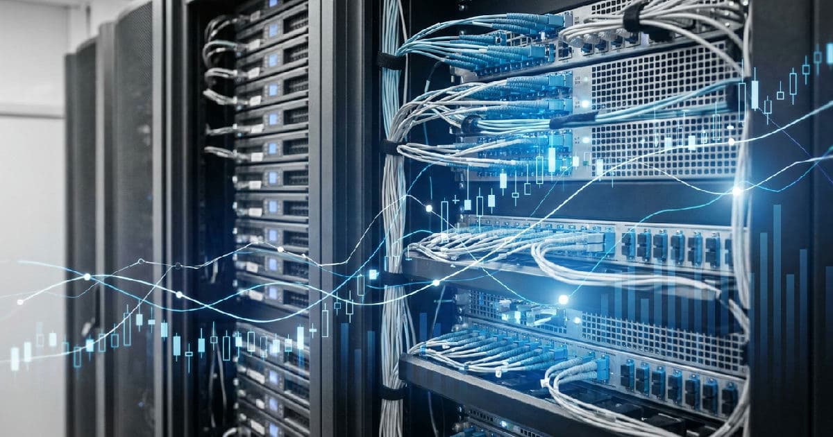 Data centre infrastructure with optical components and abstract market data visualization in cool tones.