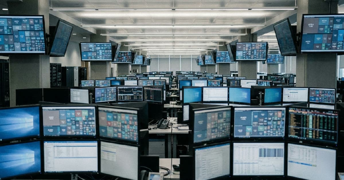 Trading floor monitors displaying financial data charts in desaturated blue and gray tones.