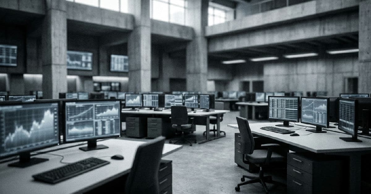 Empty trading floor workstations with monitors displaying abstract market data in muted tones.