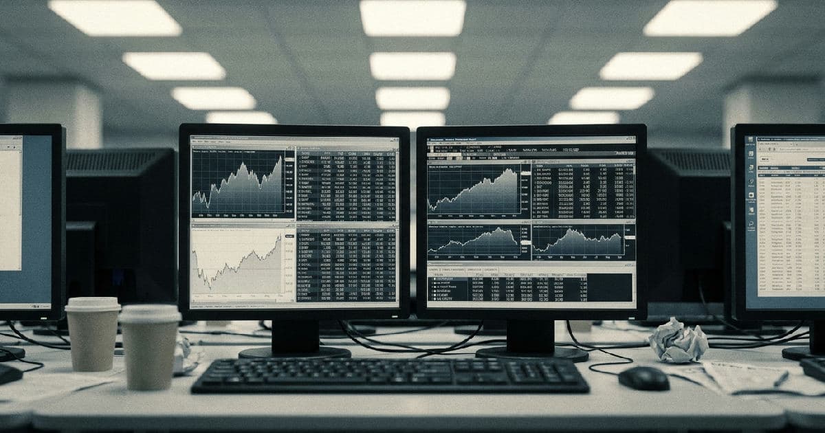 Multiple computer monitors showing financial market data and price charts on a trading desk.