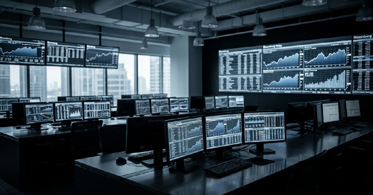 Trading floor screens displaying financial market data and charts in desaturated tones.