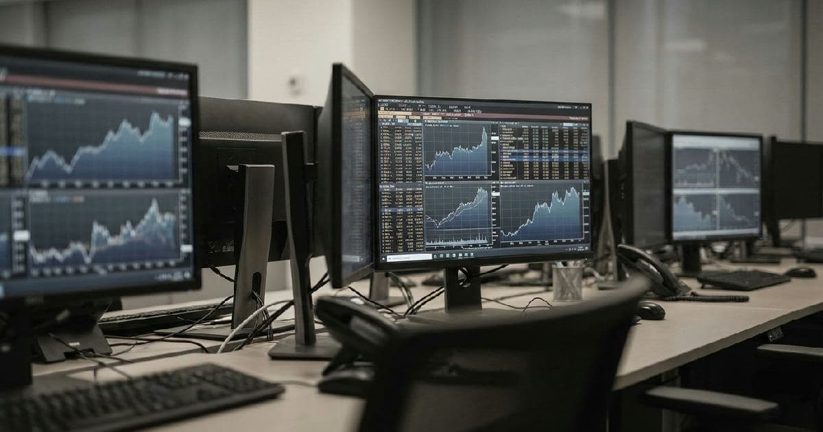 Multiple monitors showing financial market data and charts in a desaturated colour scheme.
