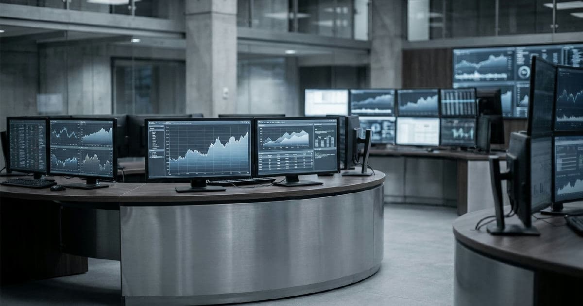 Trading floor monitors displaying financial data visualisations and market analytics in muted tones.