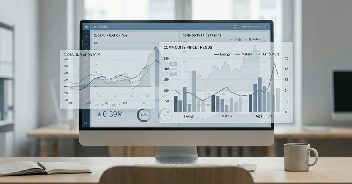 Abstract financial data visualization showing inflation charts and market metrics in desaturated colors.