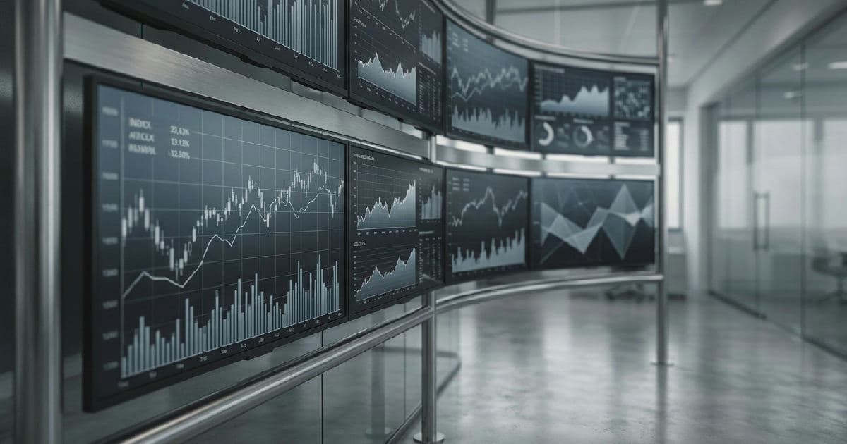 Multiple monitors displaying financial market data visualizations with abstract charts and line graphs.