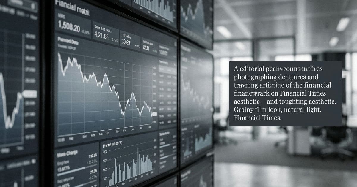 Desaturated financial data visualisation showing declining trend metrics on screens.