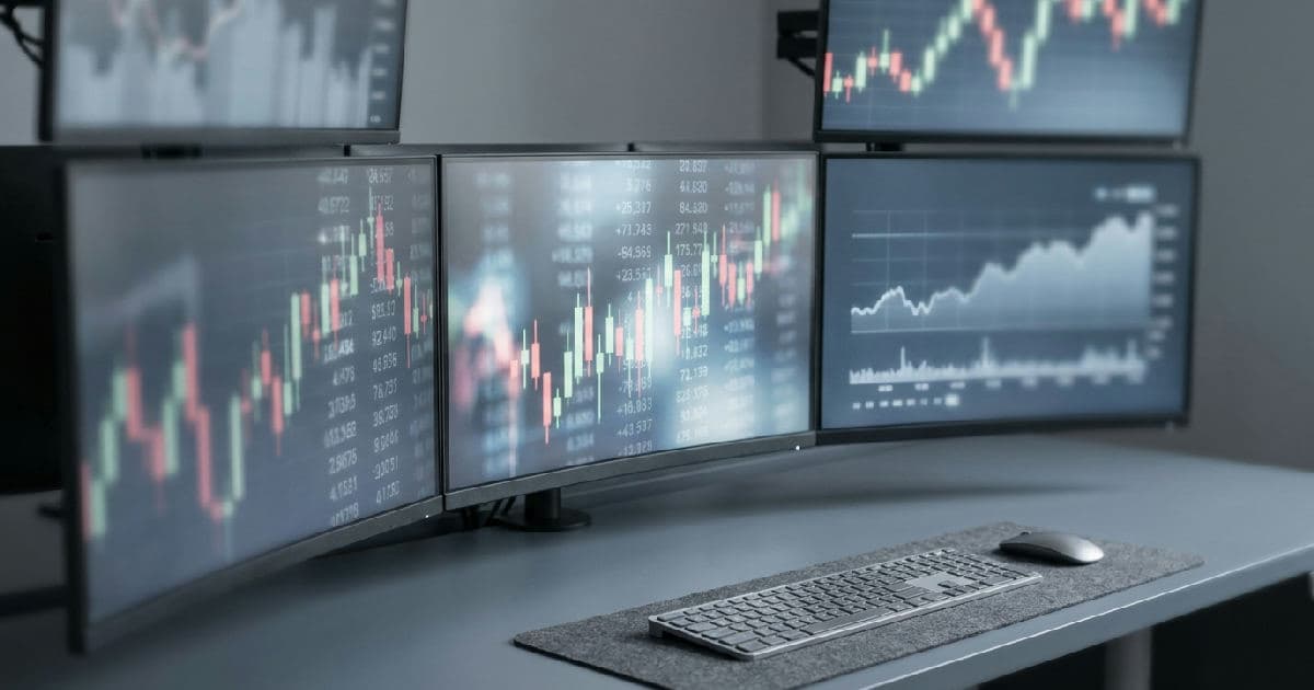 Abstract financial market data displayed on multiple monitors with candlestick charts and numerical metrics.