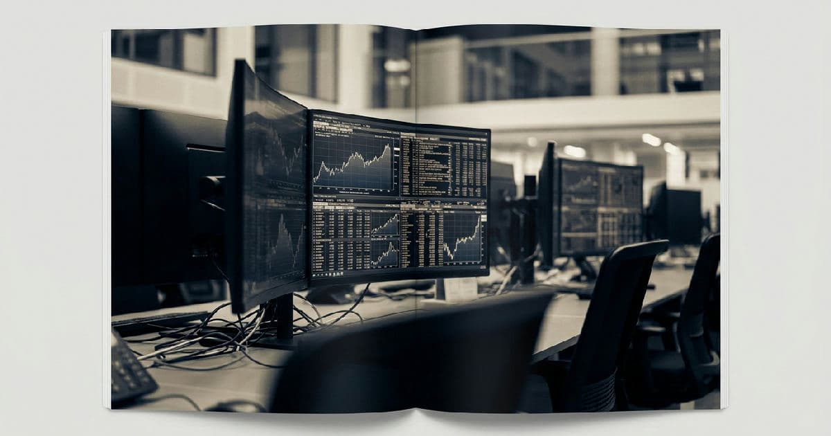 Financial data visualisation on multiple screens showing market analytics and performance metrics.
