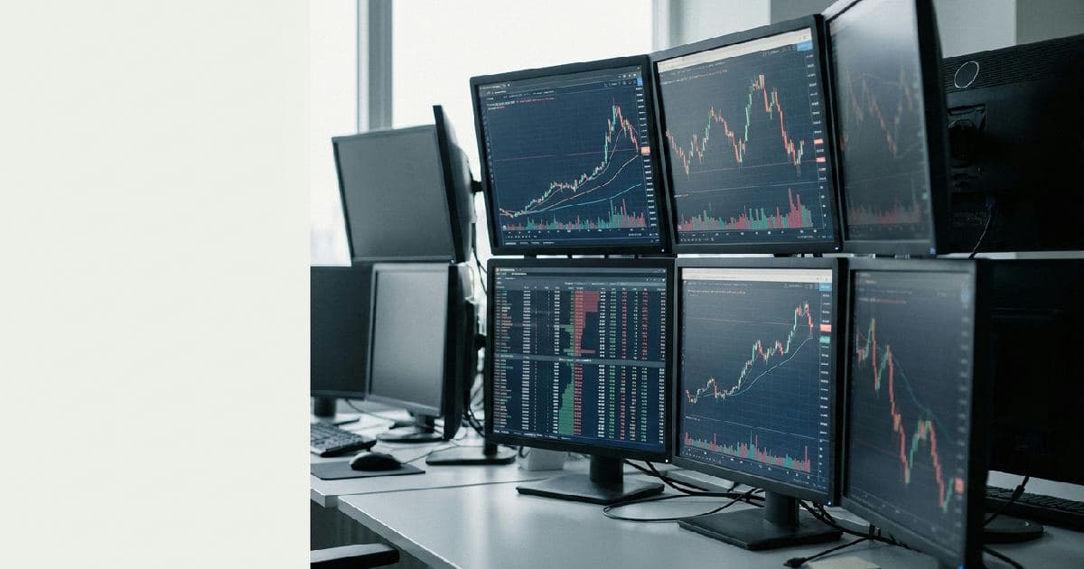 Multiple monitors display financial market data with mixed upward and downward chart indicators.