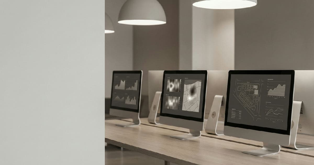Computer monitors displaying housing market data and analytics in a modern office setting.