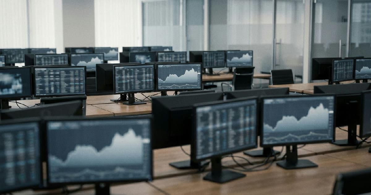 Empty trading floor with monitors showing financial data visualizations in muted tones.