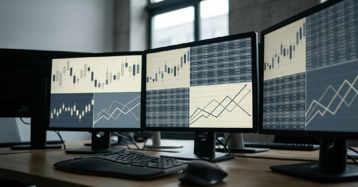 Multiple monitors displaying financial market data charts and numerical information in muted tones.