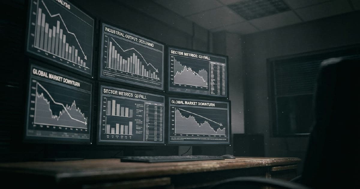 Desaturated market data screens displaying declining trend lines and industrial analytics.