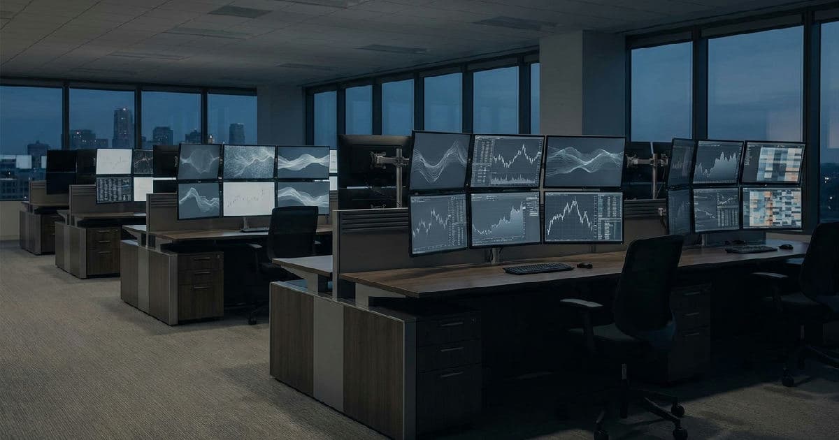 Empty trading floor with multiple screens showing abstract market data visualisations in muted colours.