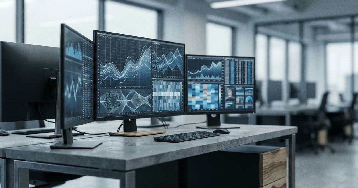 Multiple monitors displaying financial data visualisations on a trading desk in desaturated tones.