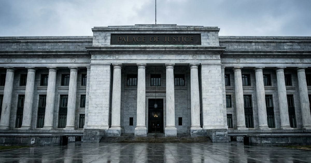 Classical marble columns of a government building under overcast sky, no people present.
