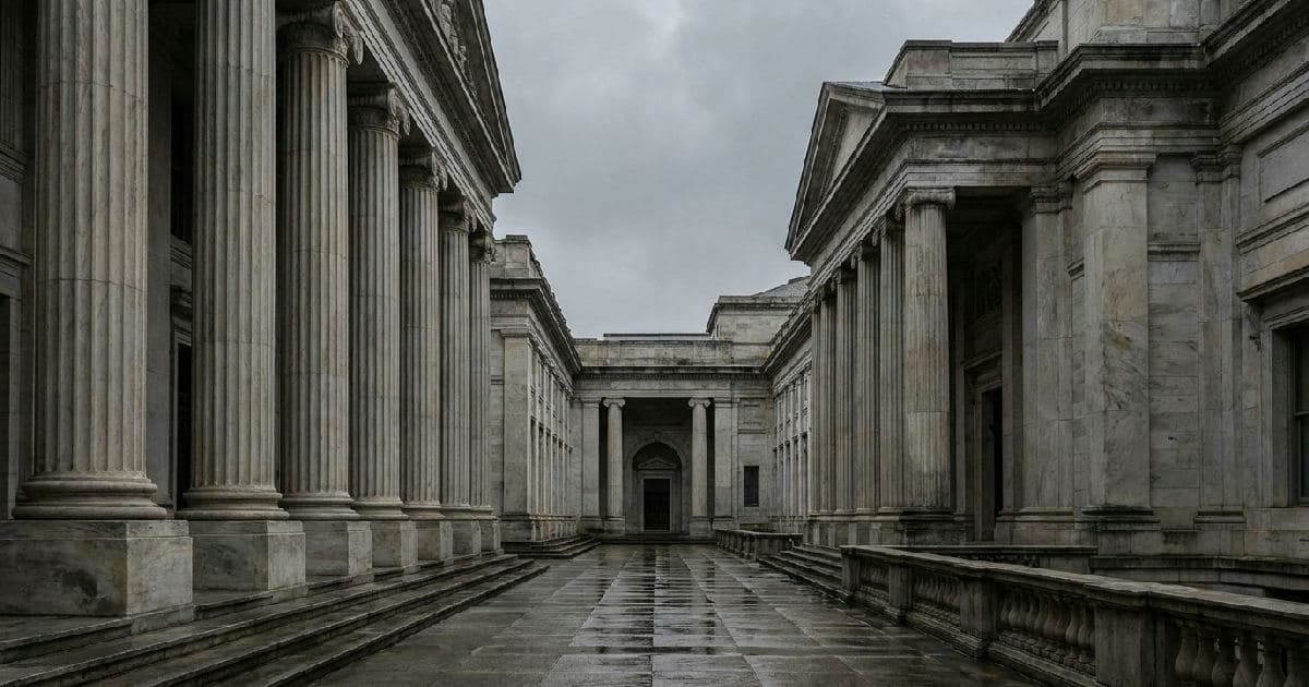 Classical marble columns of a government building under overcast sky, no people present.