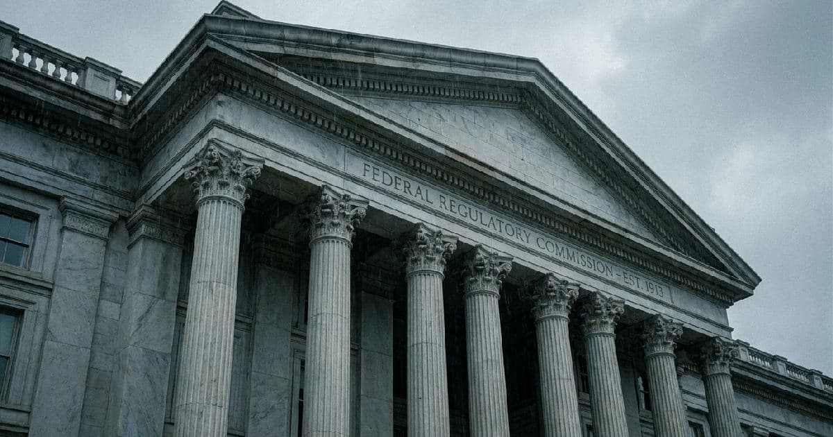 Classical marble columns of a government building exterior under an overcast sky.