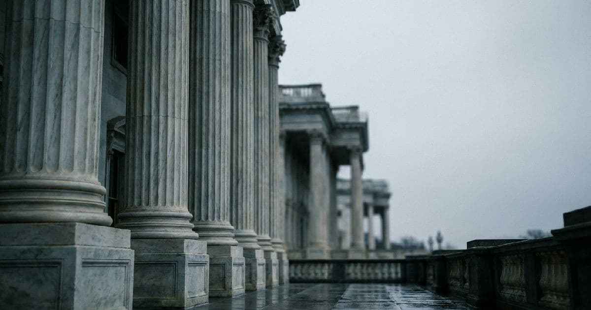 Classical marble columns of a government building under overcast sky.