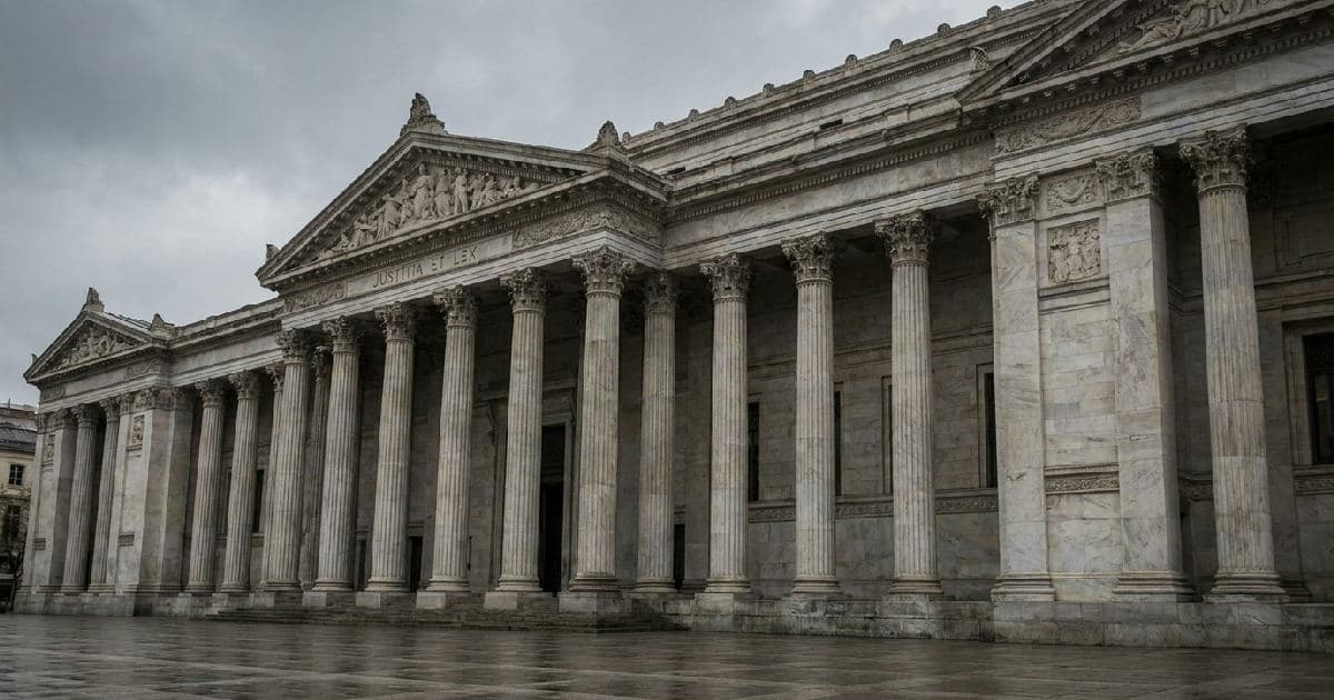 Classical marble columns of a government building beneath overcast sky, conveying institutional authority.