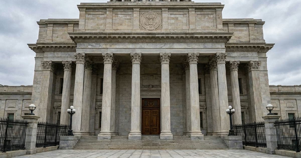 Classical marble columns of a government building under overcast sky, conveying legal authority.