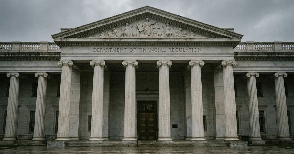 Classical marble columns of a government building under overcast sky, architectural symbol of institutional authority.