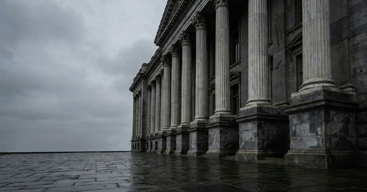 Classical stone columns of a government building beneath overcast sky, architectural composition.