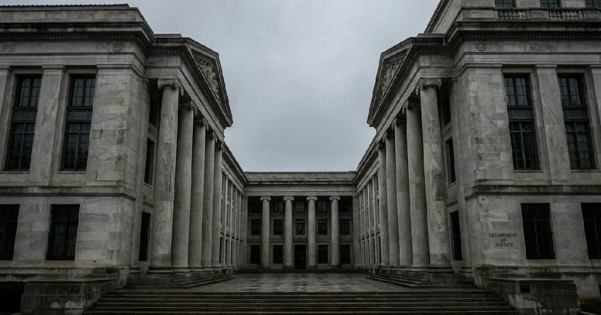 Classical marble columns of a government building under overcast sky, empty and austere.