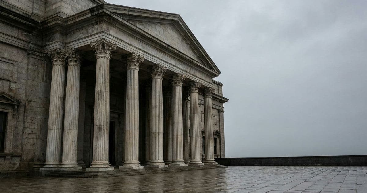 Classical marble columns of a government building beneath overcast sky, no people visible.